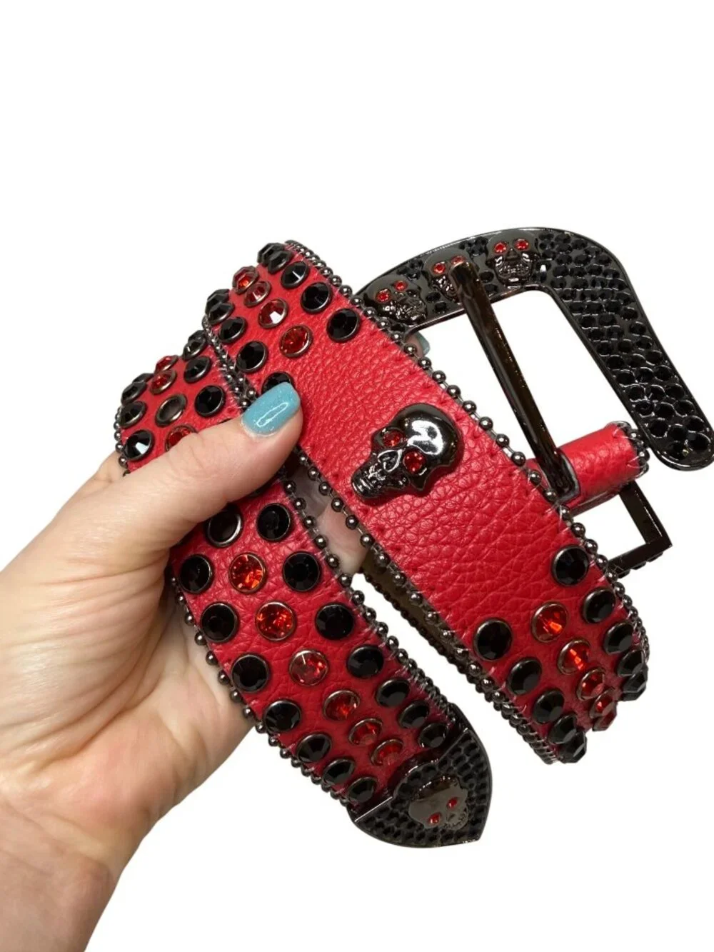 Red Leather Studded Skull Belt – Gothic Rhinestone Buckle Biker Statement Belt 4